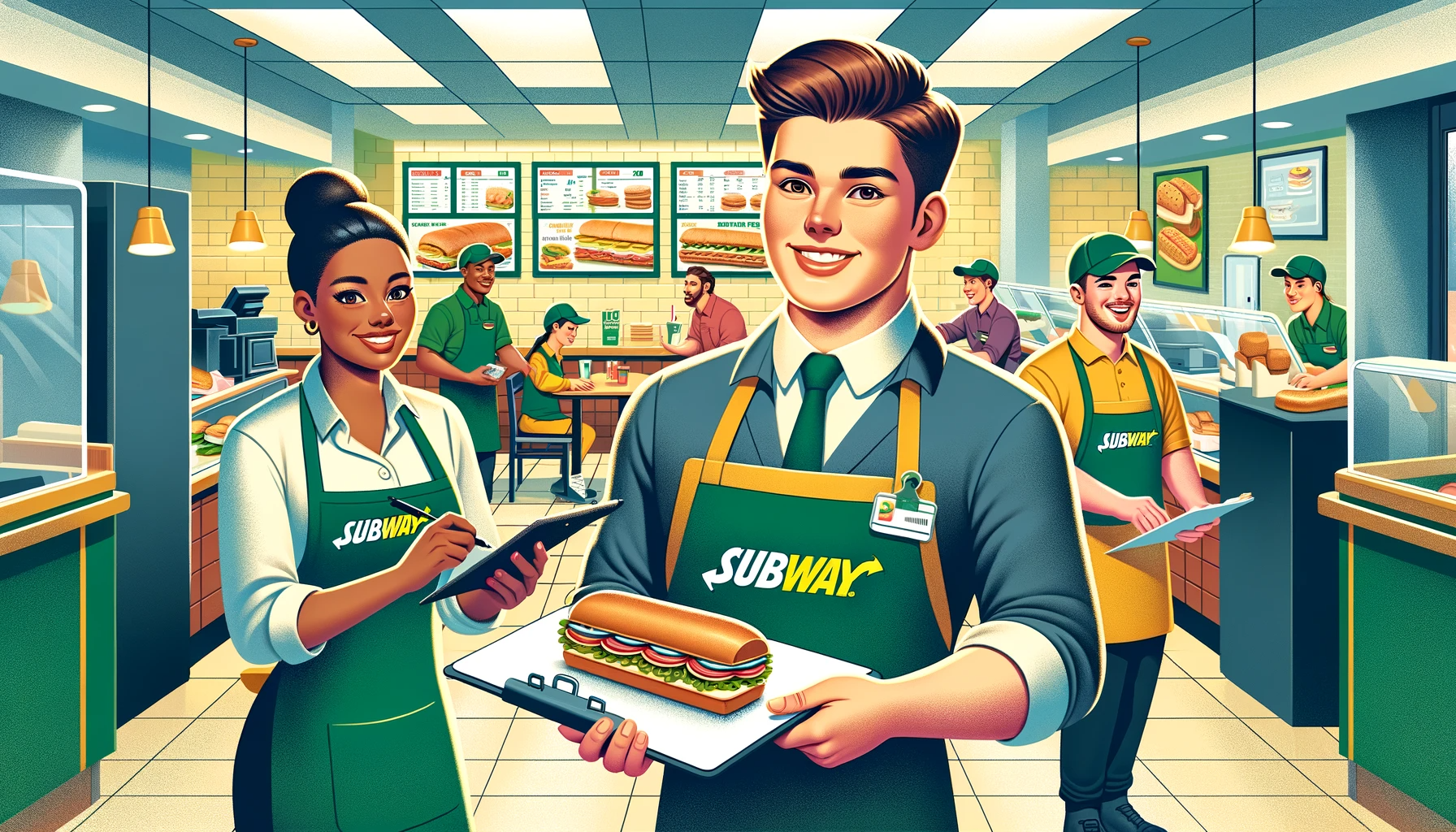 DALL·E 2024 01 02 10.28.32 A vibrant illustration for an article about jobs at Subway restaurants. The image should feature a diverse team of employees in a Subway restaurant se -